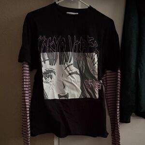 Tokyo Vibes Graphic Layered-Look Tee - Black & Light Purple